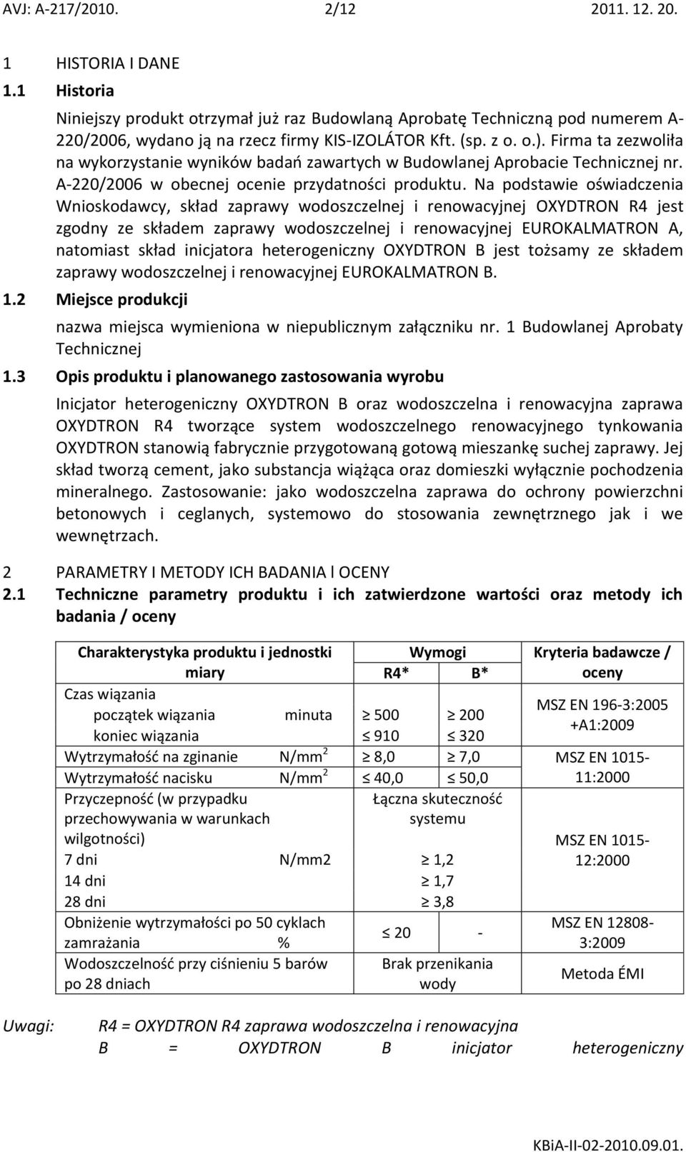 Na podstawie oświadczenia Wnioskodawcy, skład zaprawy wodoszczelnej i renowacyjnej OXYDTRON R4 jest zgodny ze składem zaprawy wodoszczelnej i renowacyjnej EUROKALMATRON A, natomiast skład inicjatora