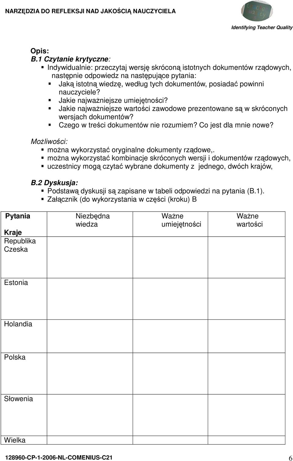 powinni nauczyciele? Jakie najważniejsze umiejętności? Jakie najważniejsze wartości zawodowe prezentowane są w skróconych wersjach dokumentów? Czego w treści dokumentów nie rozumiem?