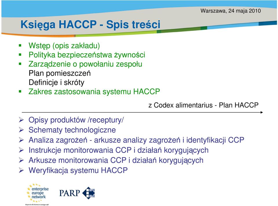 alimentarius - Plan HACCP Opisy produktów /receptury/ Schematy technologiczne Analiza zagrożeń - arkusze analizy zagrożeń i