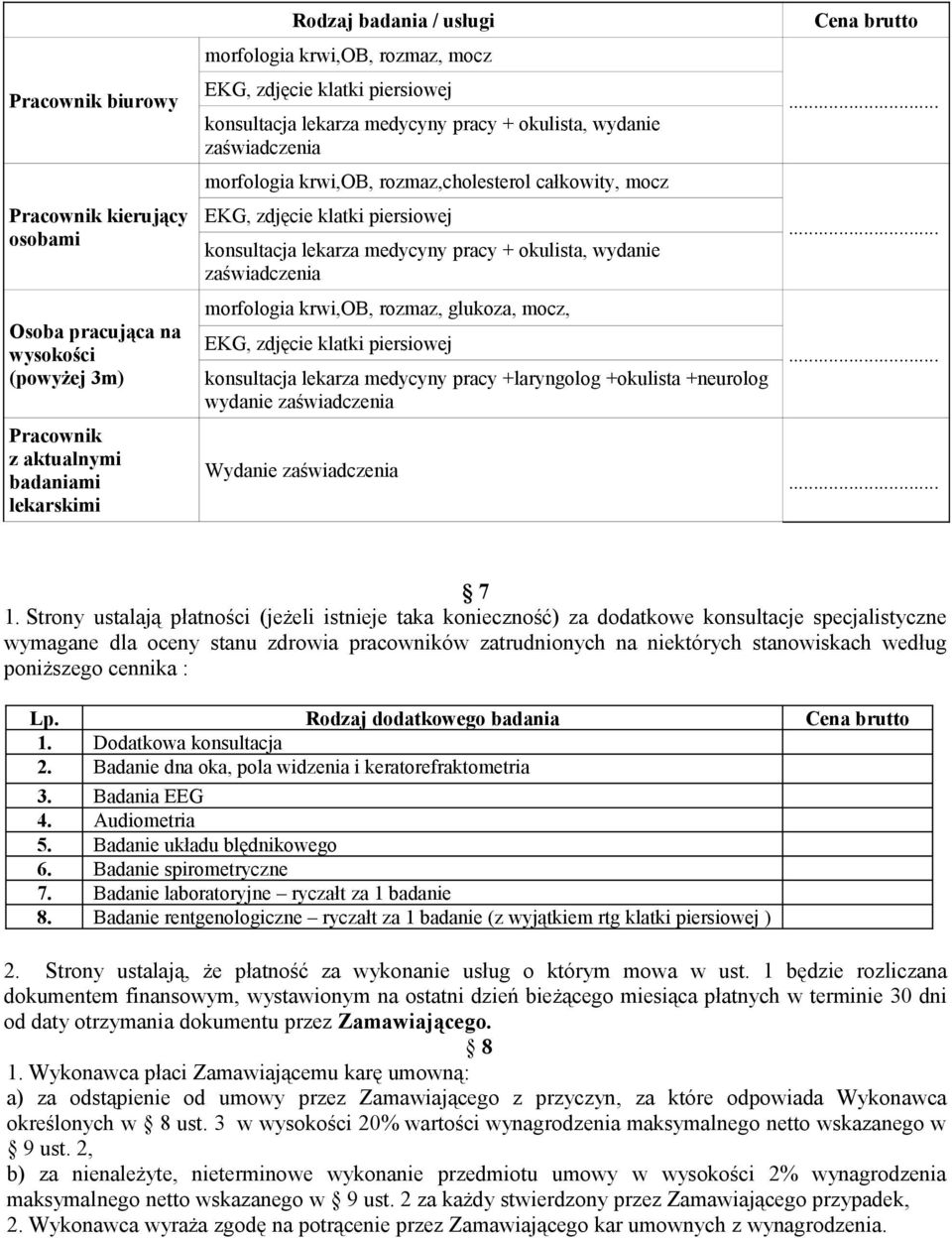 morfologia krwi,ob, rozmaz, glukoza, mocz, konsultacja lekarza medycyny pracy +laryngolog +okulista +neurolog wydanie zaświadczenia Wydanie zaświadczenia Cena brutto............ 7 1.