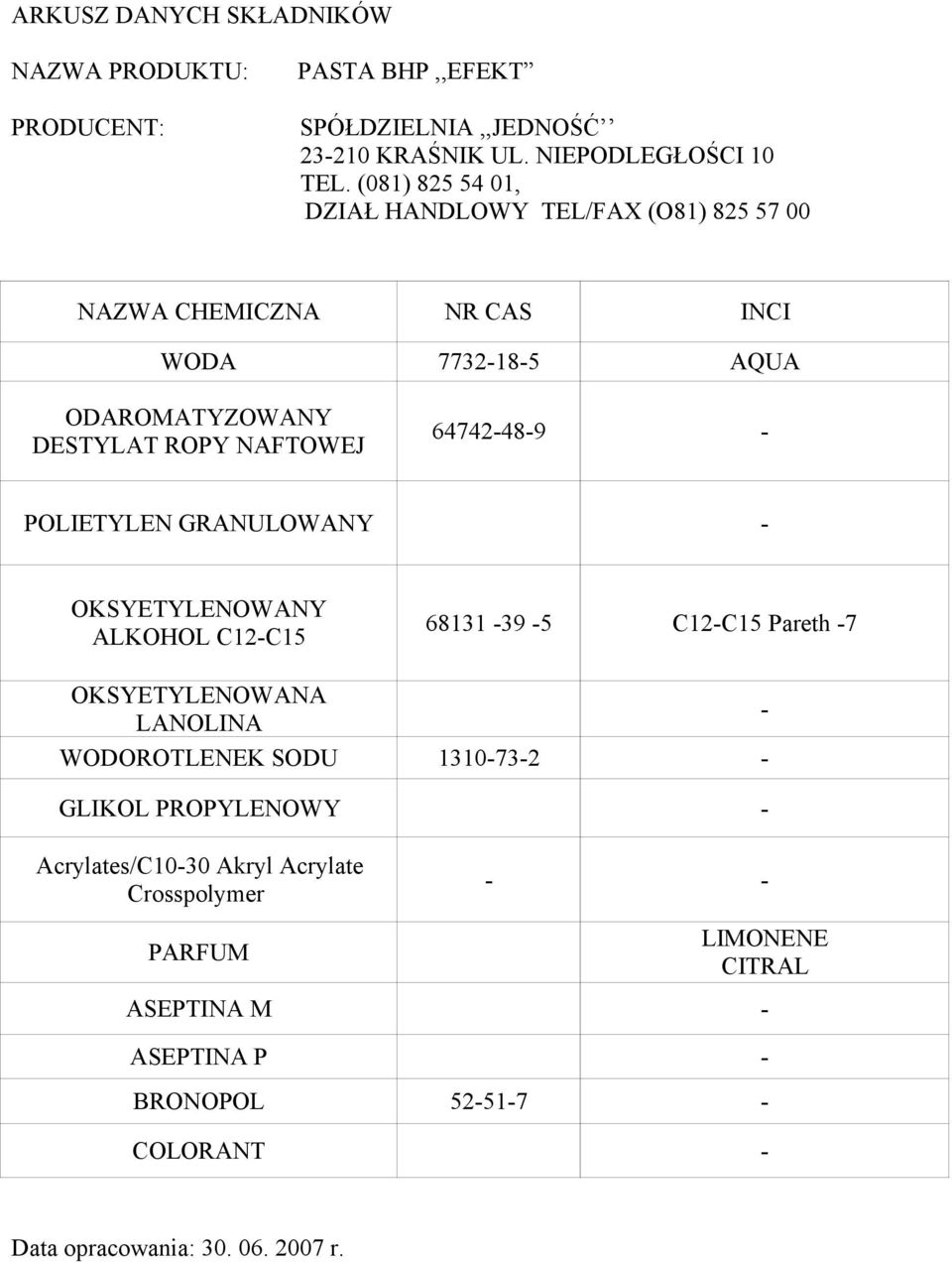 LANOLINA - WODOROTLENEK SODU 1310-73-2 - GLIKOL PROPYLENOWY - Acrylates/C10-30 Akryl
