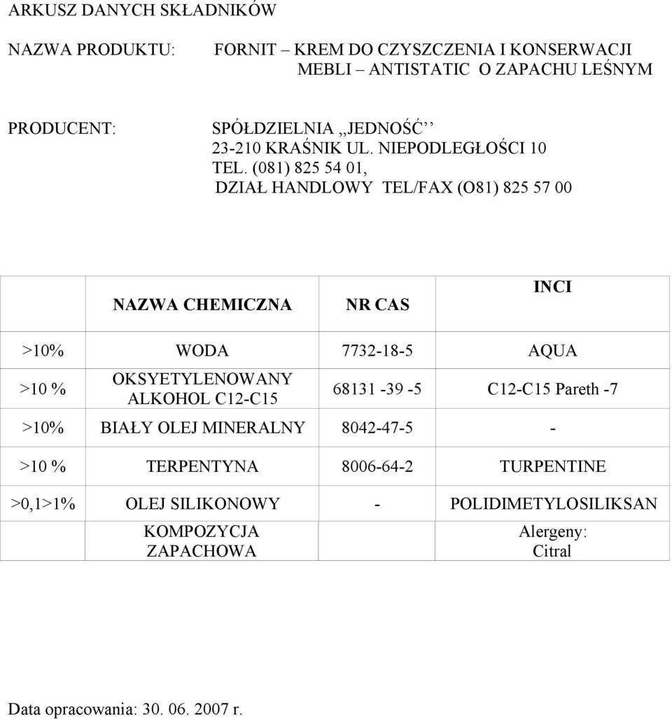 C12-C15 Pareth -7 >10% BIAŁY OLEJ MINERALNY 8042-47-5 - >10 % TERPENTYNA 8006-64-2