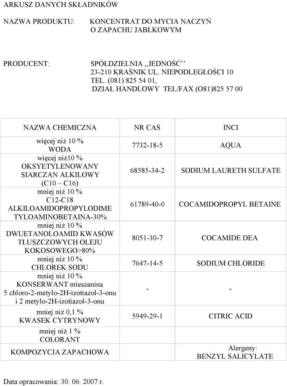 2 metylo-2h-izotiazol-3-onu mniej niż 0,1 % KWASEK CYTRYNOWY COLORANT KOMPOZYCJA ZAPACHOWA 7732-18-5 AQUA