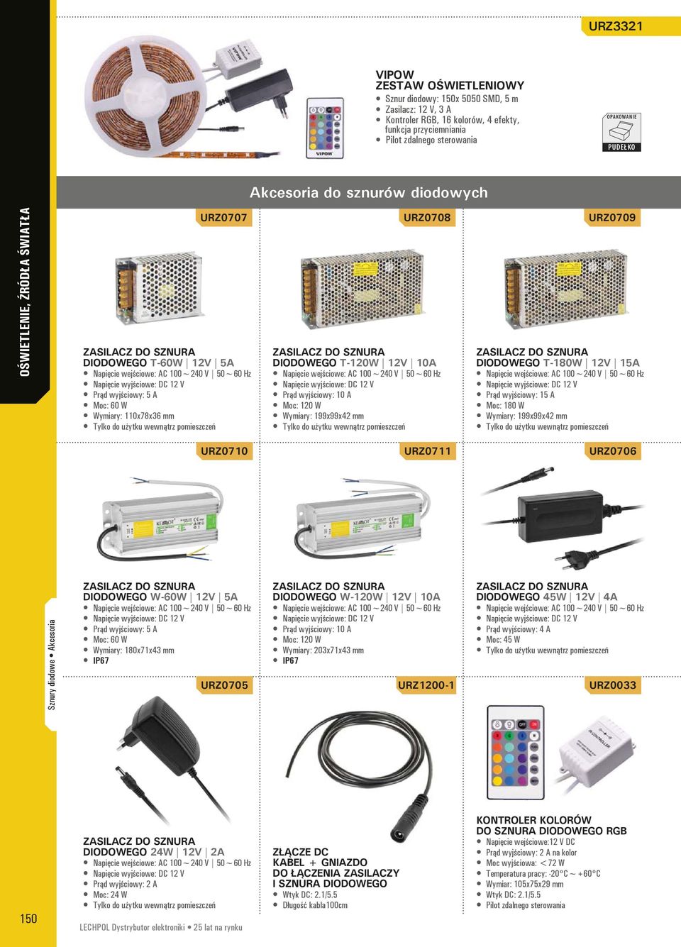 pomieszczeń URZ0708 ZASILACZ DO SZNURA DIODOWEGO T-120W 12V 10A Napięcie wejściowe: AC 100~240 V 50~60 Hz Napięcie wyjściowe: DC 12 V Prąd wyjściowy: 10 A Moc: 120 W Wymiary: 199x99x42 mm Tylko do