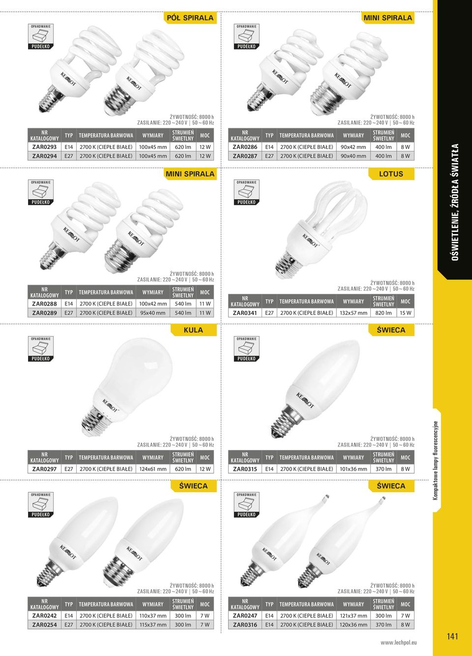 (CIEPŁE BIAŁE) 132x57 mm 820 lm 15 W KULA ŚWIECA ZAR0297 E27 2700 K (CIEPŁE BIAŁE) 124x61 mm 620 lm 12 W ŚWIECA ZAR0315 E14 2700 K (CIEPŁE BIAŁE) 101x36 mm 370 lm 8 W ŚWIECA Kompaktowe lampy