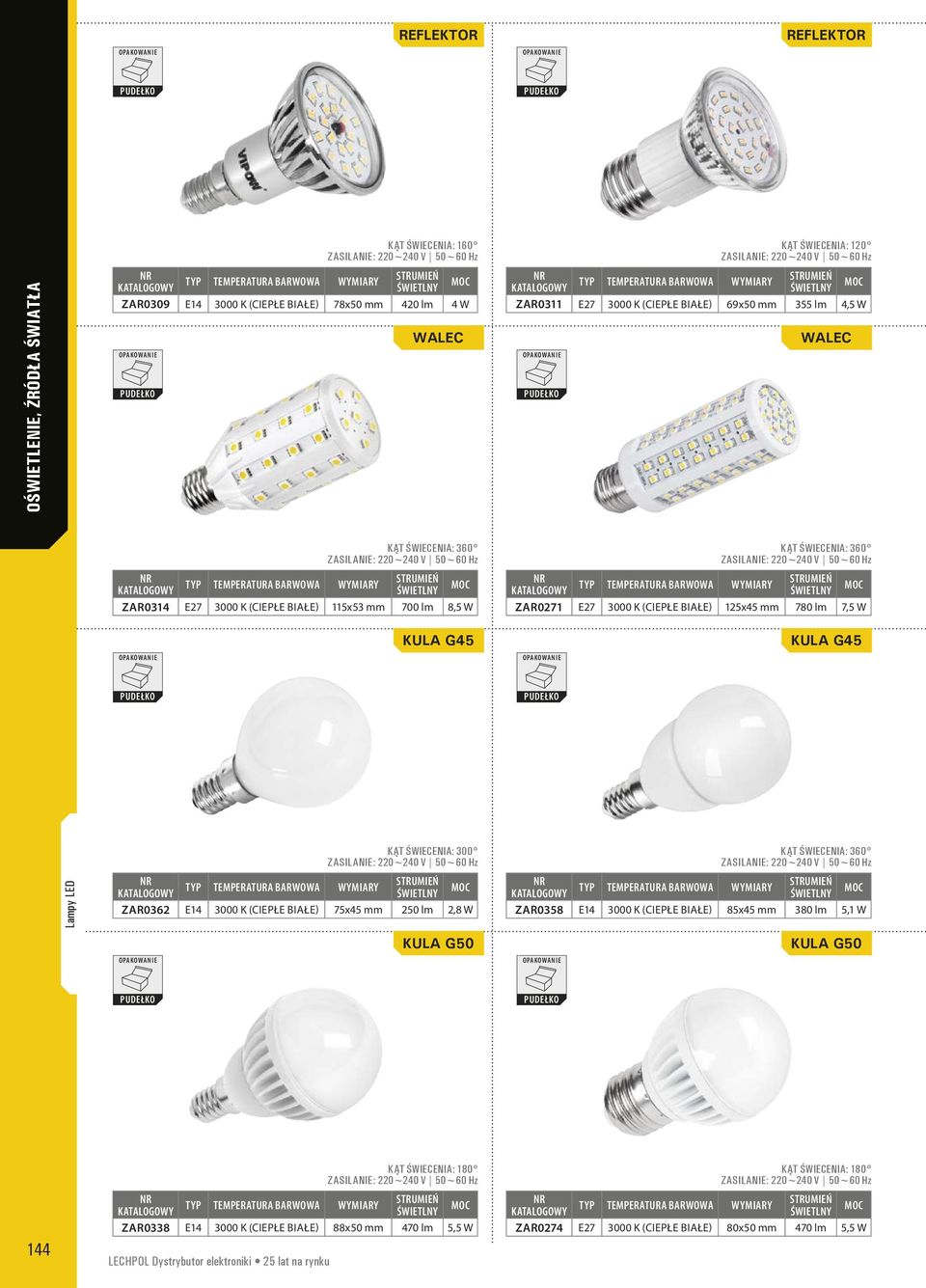 ZAR0362 E14 3000 K (CIEPŁE BIAŁE) 75x45 mm 250 lm 2,8 W KĄT ŚWIECENIA: 300 KULA G50 ZAR0358 E14 3000 K (CIEPŁE BIAŁE) 85x45 mm 380 lm 5,1 W KĄT ŚWIECENIA: 360 KULA G50 144 KĄT