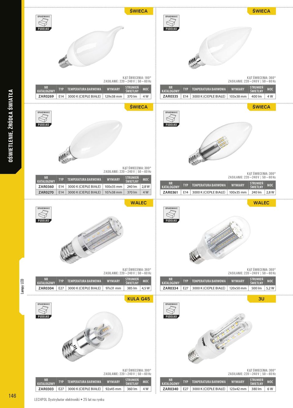 WALEC WALEC Lampy LED ZAR0304 E27 3000 K (CIEPŁE BIAŁE) 97x31 mm 385 lm 4,5 W KĄT ŚWIECENIA: 360 KULA G45 ZAR0334 E27 3000 K (CIEPŁE BIAŁE) 120x50 mm 500 lm 5,2 W KĄT ŚWIECENIA: 360 3U 146