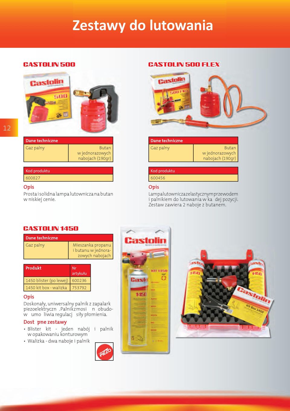 CASTOLIN 1450 Gaz palny Mieszanka propanu i butanu w jednorazowych nabojach Produkt Nr artykułu 1450 blister (po lewej) 600236 1450 kit box - walizka 753792 Doskonały, uniwersalny