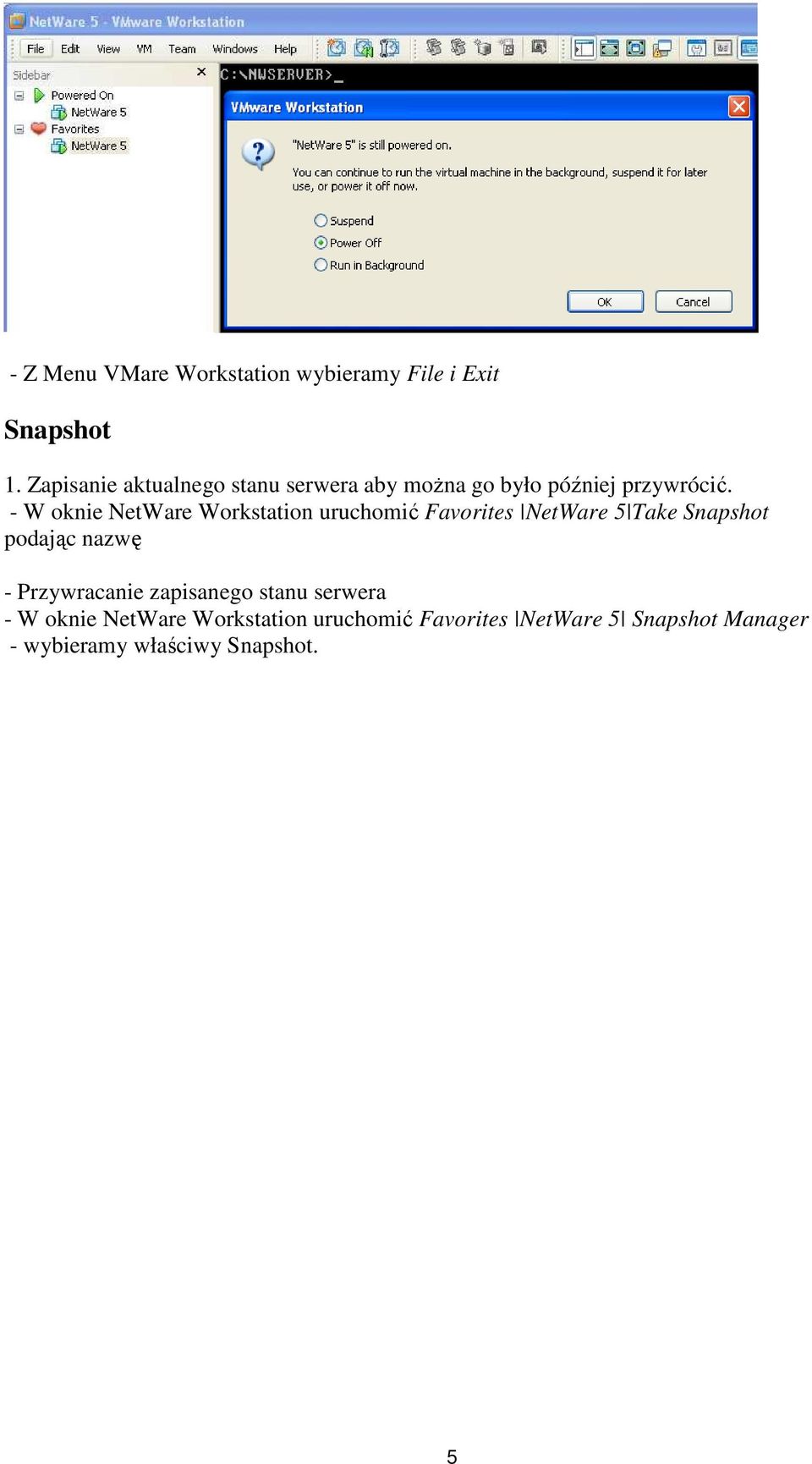 - W oknie NetWare Workstation uruchomić Favorites NetWare 5 Take Snapshot podając nazwę -