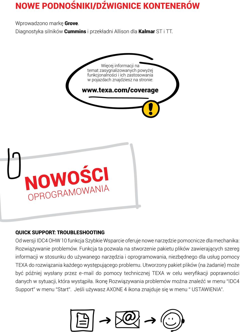 com/coverage NOWOŚCI OPROGRAMOWANIA QUICK SUPPORT: TROUBLESHOOTING Od wersji IDC4 OHW 10 funkcja Szybkie Wsparcie oferuje nowe narzędzie pomocnicze dla mechanika: Rozwiązywanie problemów.