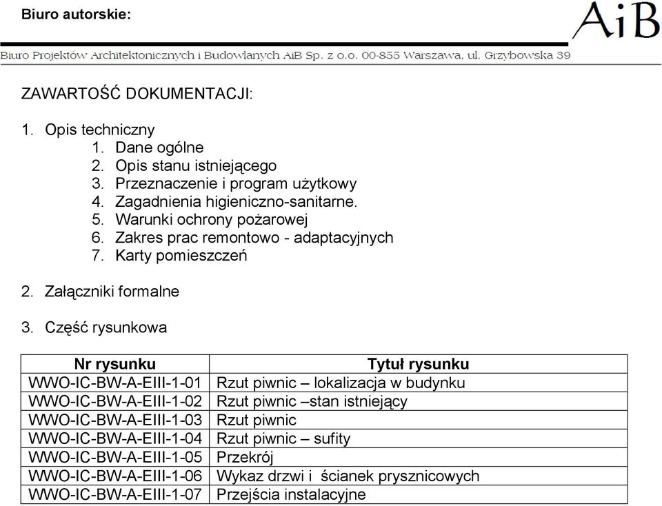 Część rysunkowa Nr rysunku Tytuł rysunku WWO-IC-BW-A-EIII-1-01 Rzut piwnic lokalizacja w budynku WWO-IC-BW-A-EIII-1-02 Rzut piwnic stan istniejący