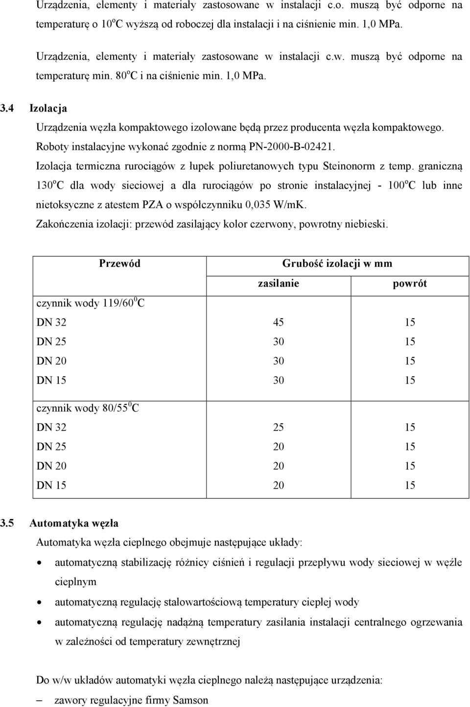 4 Izolacja Urządzenia węzła kompaktowego izolowane będą przez producenta węzła kompaktowego. Roboty instalacyjne wykonać zgodnie z normą PN-2000-B-02421.