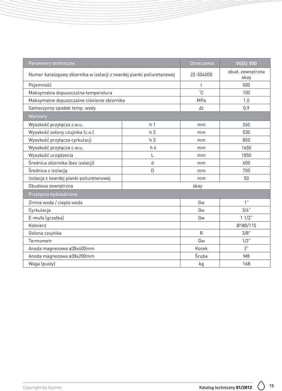 w.u. h 4 mm 1650 Wysokość urządzenia L mm 1850 Średnica zbiornika (bez izolacji) d mm 600 Średnica z izolacją D mm 700 Izolacja z twardej pianki poliuretanowej mm 50 Zimna woda / ciepła woda Gw 1