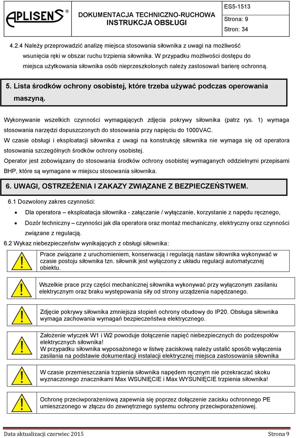 Lista środków ochrony osobistej, które trzeba używać podczas operowania maszyną. Wykonywanie wszelkich czynności wymagających zdjęcia pokrywy siłownika (patrz rys.