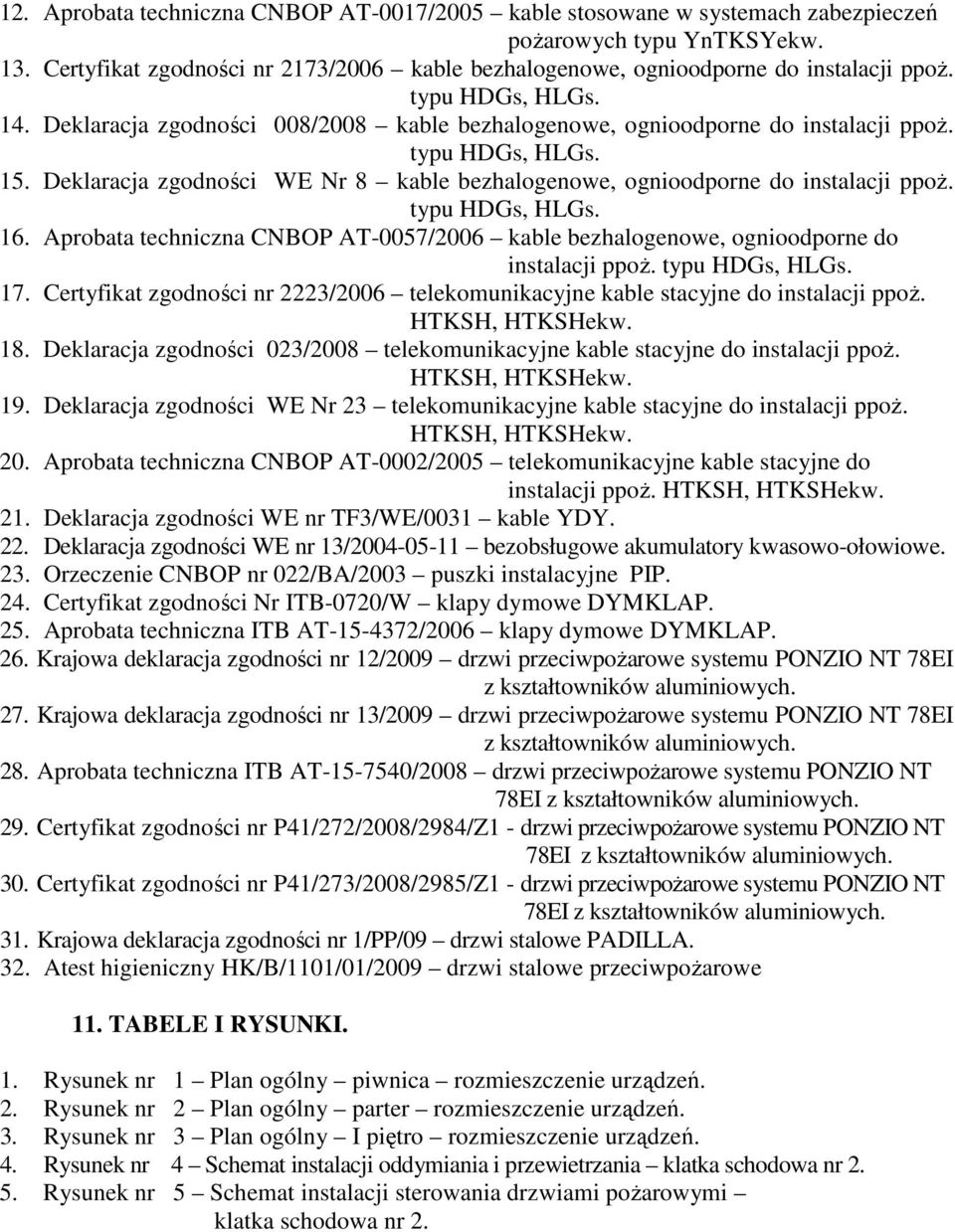 typu HDGs, HLGs. 15. Deklaracja zgodności WE Nr 8 kable bezhalogenowe, ognioodporne do instalacji ppoż. typu HDGs, HLGs. 16.