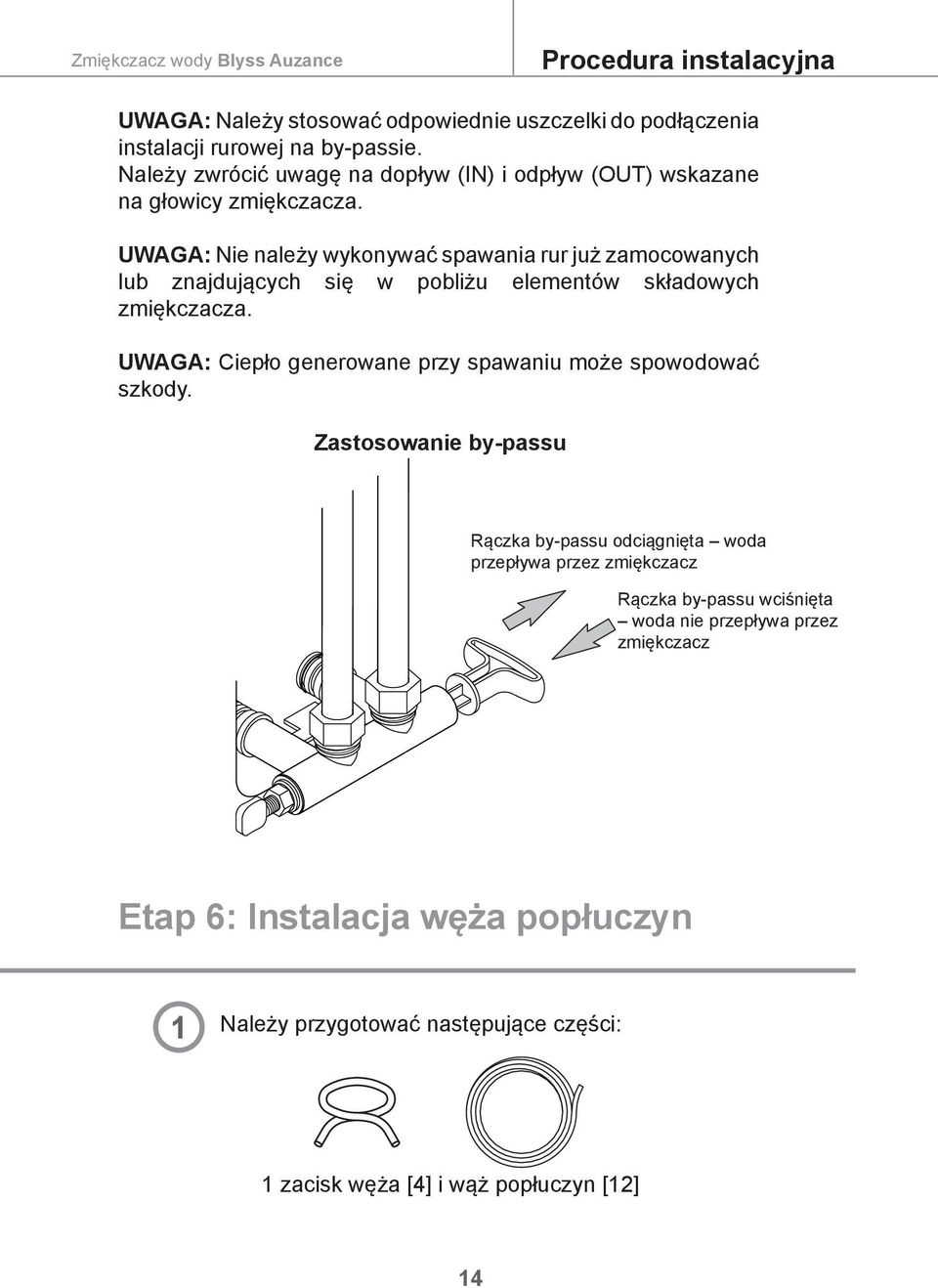 UWAGA: Nie należy wykonywać spawania rur już zamocowanych lub znajdujących się w pobliżu elementów składowych zmiękczacza.