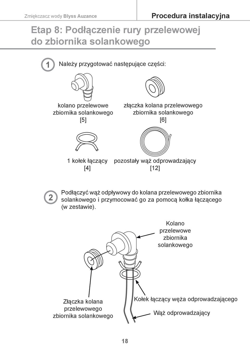 odprowadzający [12] 2 Podłączyć wąż odpływowy do kolana przelewowego zbiornika solankowego i przymocować go za pomocą kołka łączącego (w