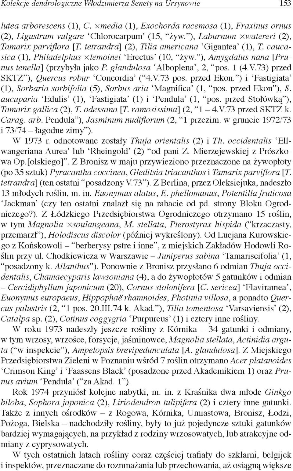 ), Amygdalus nana [Prunus tenella] (przybyła jako P. glandulosa Alboplena, 2, pos. 1 (4.V.73) przed SKTZ ), Quercus robur Concordia ( 4.V.73 pos. przed Ekon.