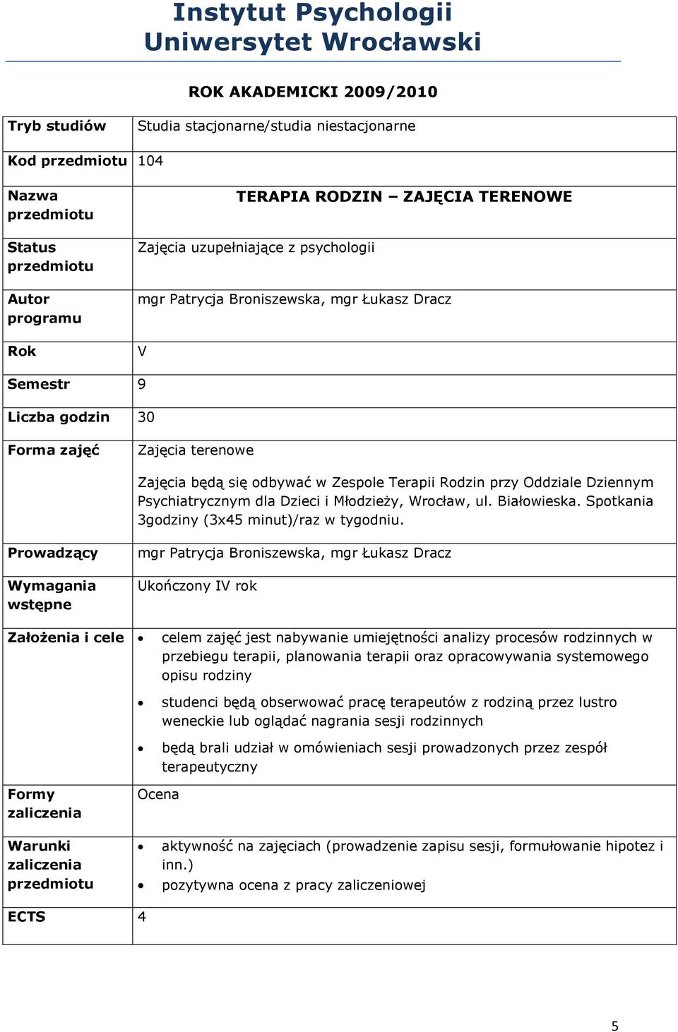 Oddziale Dziennym Psychiatrycznym dla Dzieci i Młodzieży, Wrocław, ul. Białowieska. Spotkania 3godziny (3x45 minut)/raz w tygodniu.