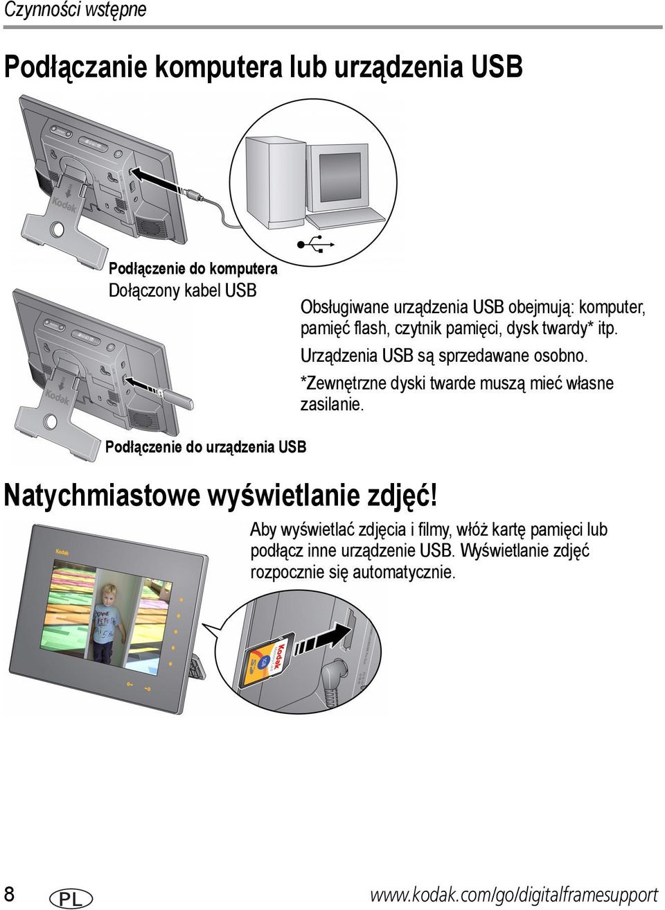 *Zewnętrzne dyski twarde muszą mieć własne zasilanie. Podłączenie do urządzenia USB Natychmiastowe wyświetlanie zdjęć!
