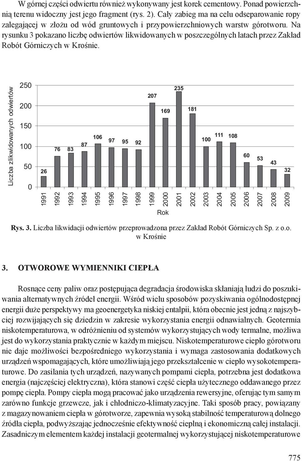 Na rysunku 3 pokazano liczbę odwiertów likwidowanych w poszczególnych latach przez Zakład Robót Górniczych w Krośnie. Rys. 3. Liczba likwidacji odwiertów przeprowadzona przez Zakład Robót Górniczych Sp.