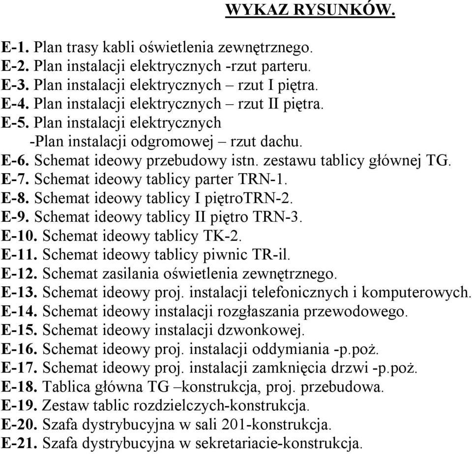 Schemat ideowy tablicy parter TRN-1. E-8. Schemat ideowy tablicy I piętrotrn-2. E-9. Schemat ideowy tablicy II piętro TRN-3. E-10. Schemat ideowy tablicy TK-2. E-11.