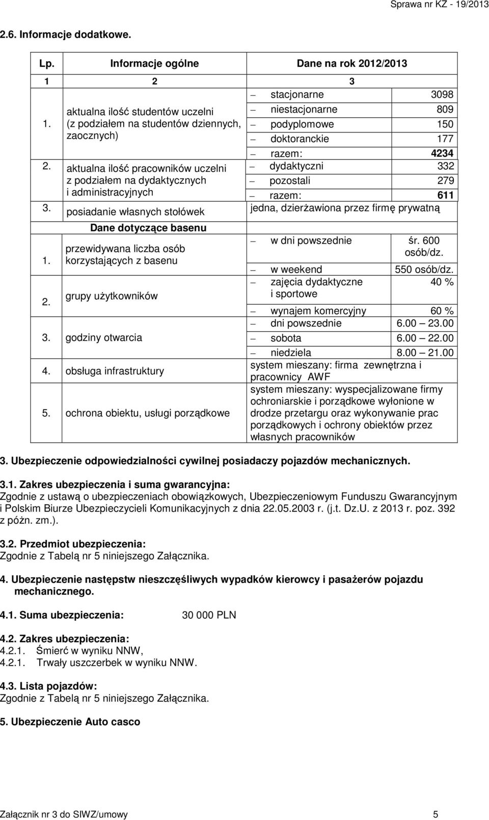 posiadanie własnych stołówek jedna, dzierżawiona przez firmę prywatną 1. 2. Dane dotyczące basenu przewidywana liczba osób korzystających z basenu grupy użytkowników 3. godziny otwarcia 4.