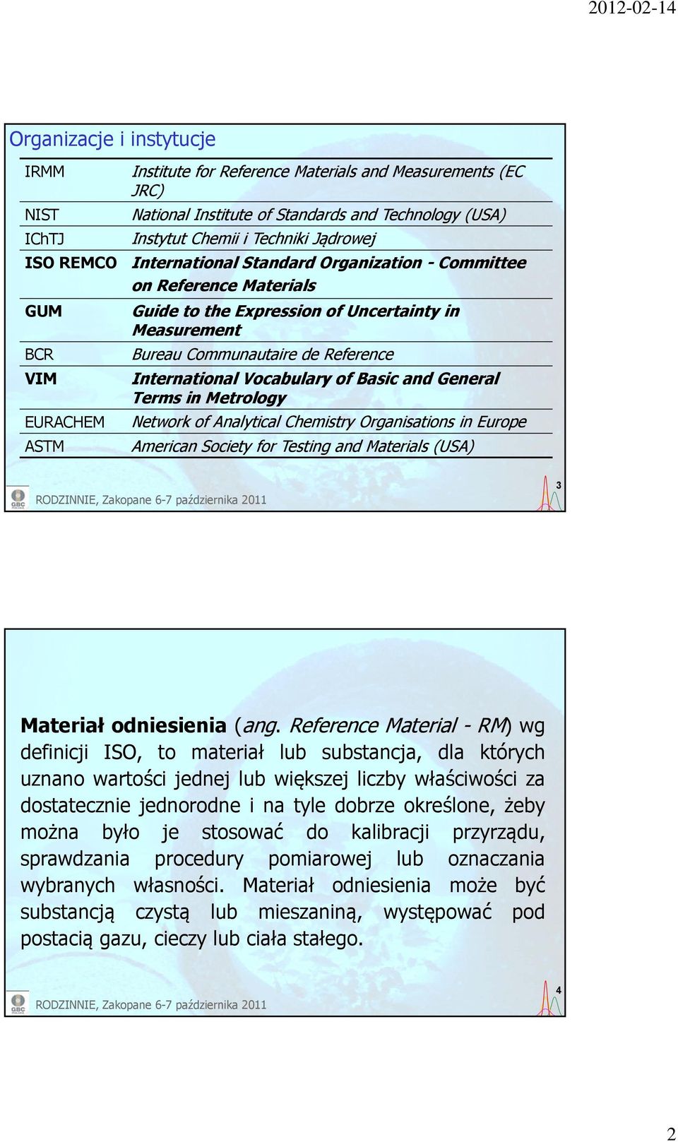 Vocabulary of Basic and General Terms in Metrology Network of Analytical Chemistry Organisations in Europe American Society for Testing and Materials (USA) 3 Materiał odniesienia (ang.