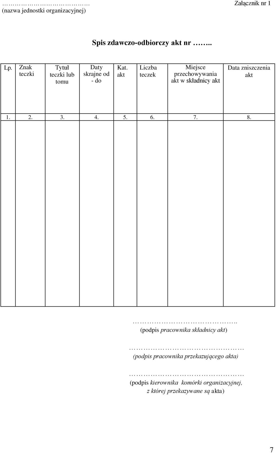 akt Liczba teczek Miejsce przechowywania akt w składnicy akt Data zniszczenia akt 1. 2. 3. 4. 5. 6.