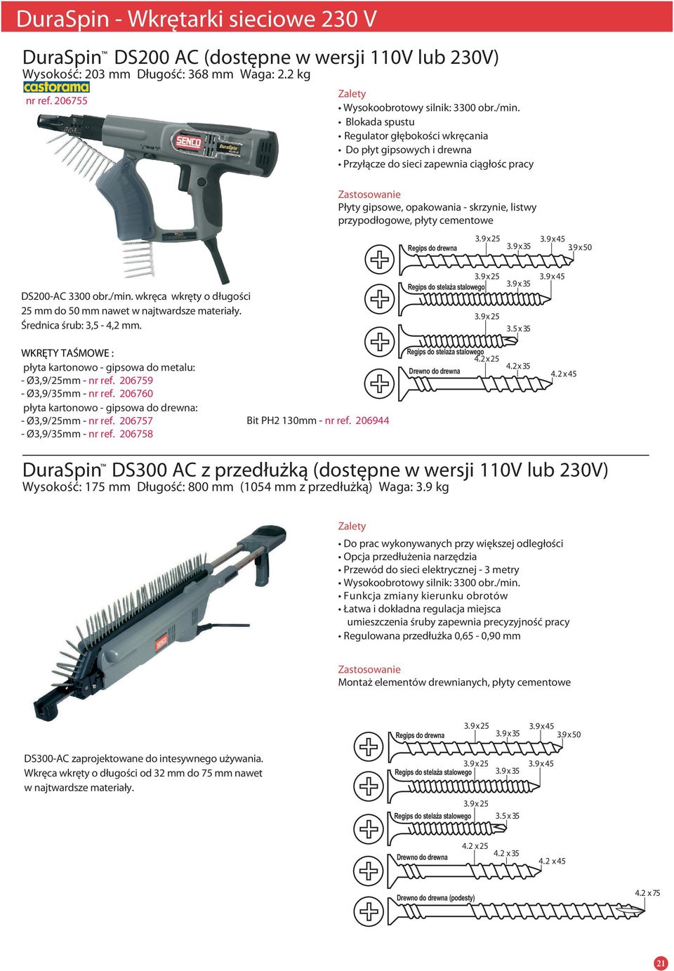 2 x 25 Drewno do drewna 4.2 x 35 4.2 x 45 DuraSpin DS300 AC z przedłużką (dostępne w wersji 1V lub 230V) Wysokość: 175 mm Długość: 800 mm (54 mm z przedłużką) Waga: 3.