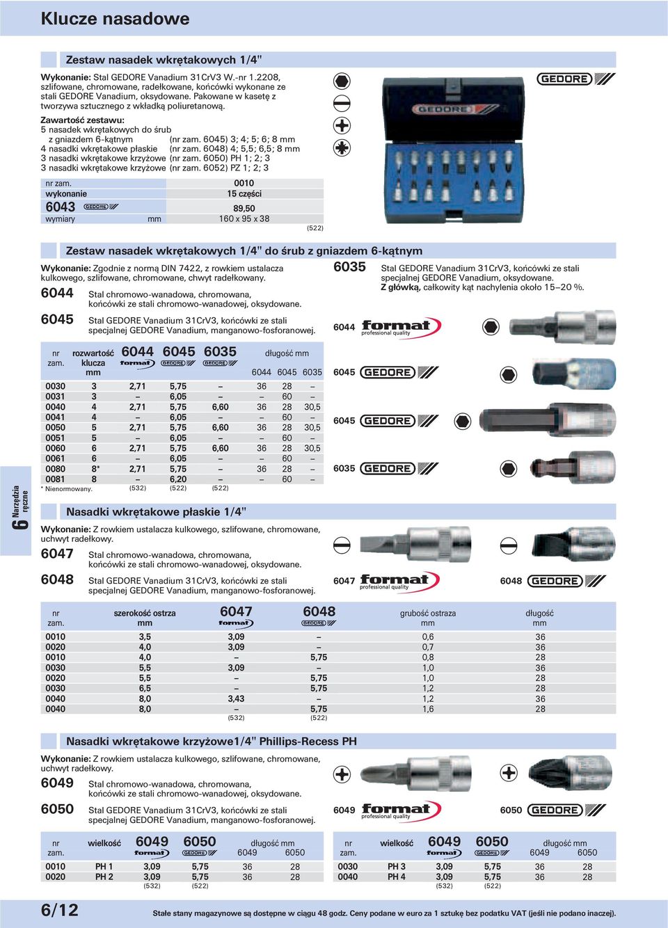 Zawartość zestawu: 5 nasadek wkrętakowych do śrub z gniazdem 6-kątnym (nr 6045) 3; 4; 5; 6; 8 4 nasadki wkrętakowe płaskie (nr 6048) 4; 5,5; 6,5; 8 3 nasadki wkrętakowe krzyżowe (nr 6050) PH 1; 2; 3