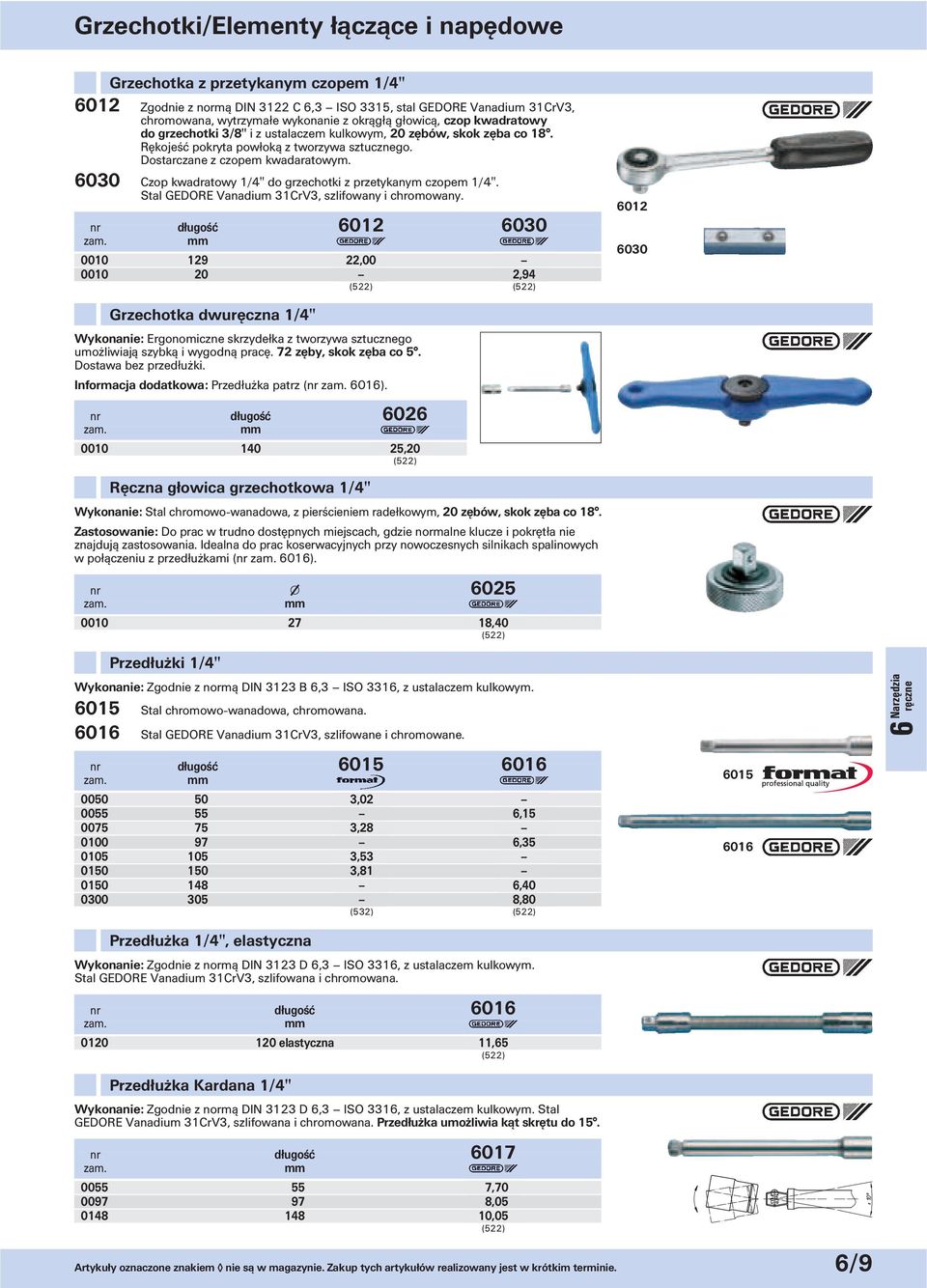 6030 Czop kwadratowy 1/4" do grzechotki z przetykanym czopem 1/4". Stal GEDORE Vanadium 31CrV3, szlifowany i chromowany.