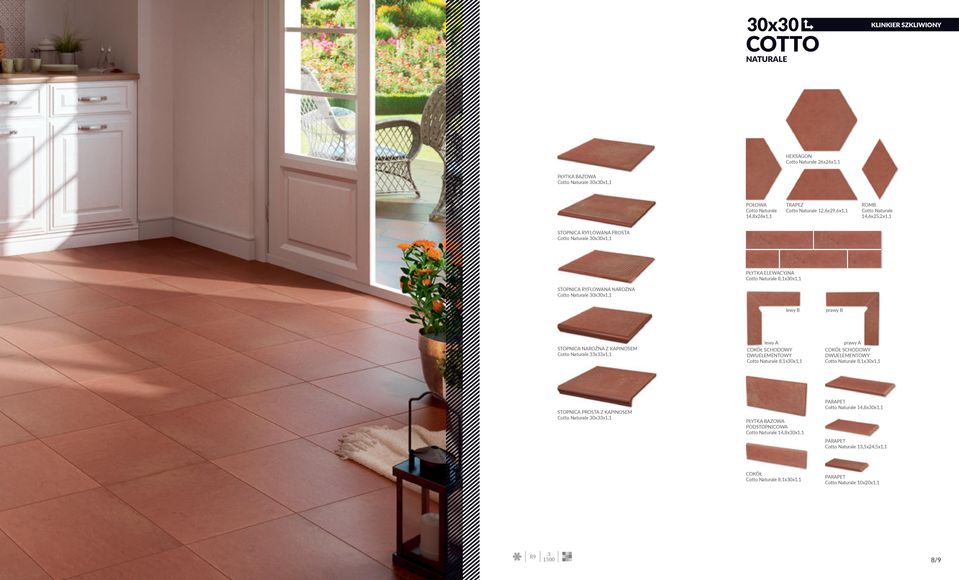 KAPINOSEM Cotto Naturale 33x33x1,1 Cotto Naturale 8,1x30x1,1 Cotto Naturale 8,1x30x1,1 STOPNICA PROSTA Z KAPINOSEM Cotto Naturale 30x33x1,1