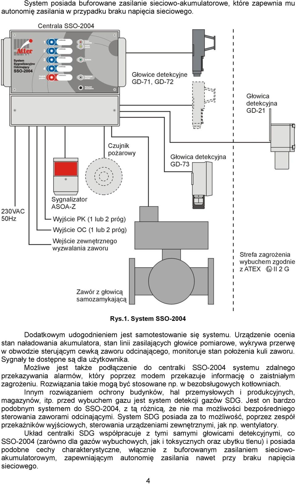 Urządzenie ocenia stan naładowania akumulatora, stan linii zasilających głowice pomiarowe, wykrywa przerwę w obwodzie sterującym cewką zaworu odcinającego, monitoruje stan położenia kuli zaworu.
