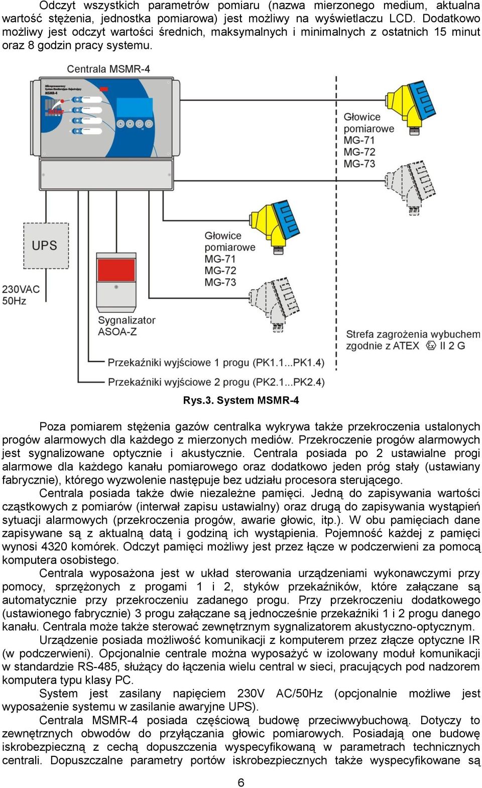 System MSMR-4 Poza pomiarem stężenia gazów centralka wykrywa także przekroczenia ustalonych progów alarmowych dla każdego z mierzonych mediów.