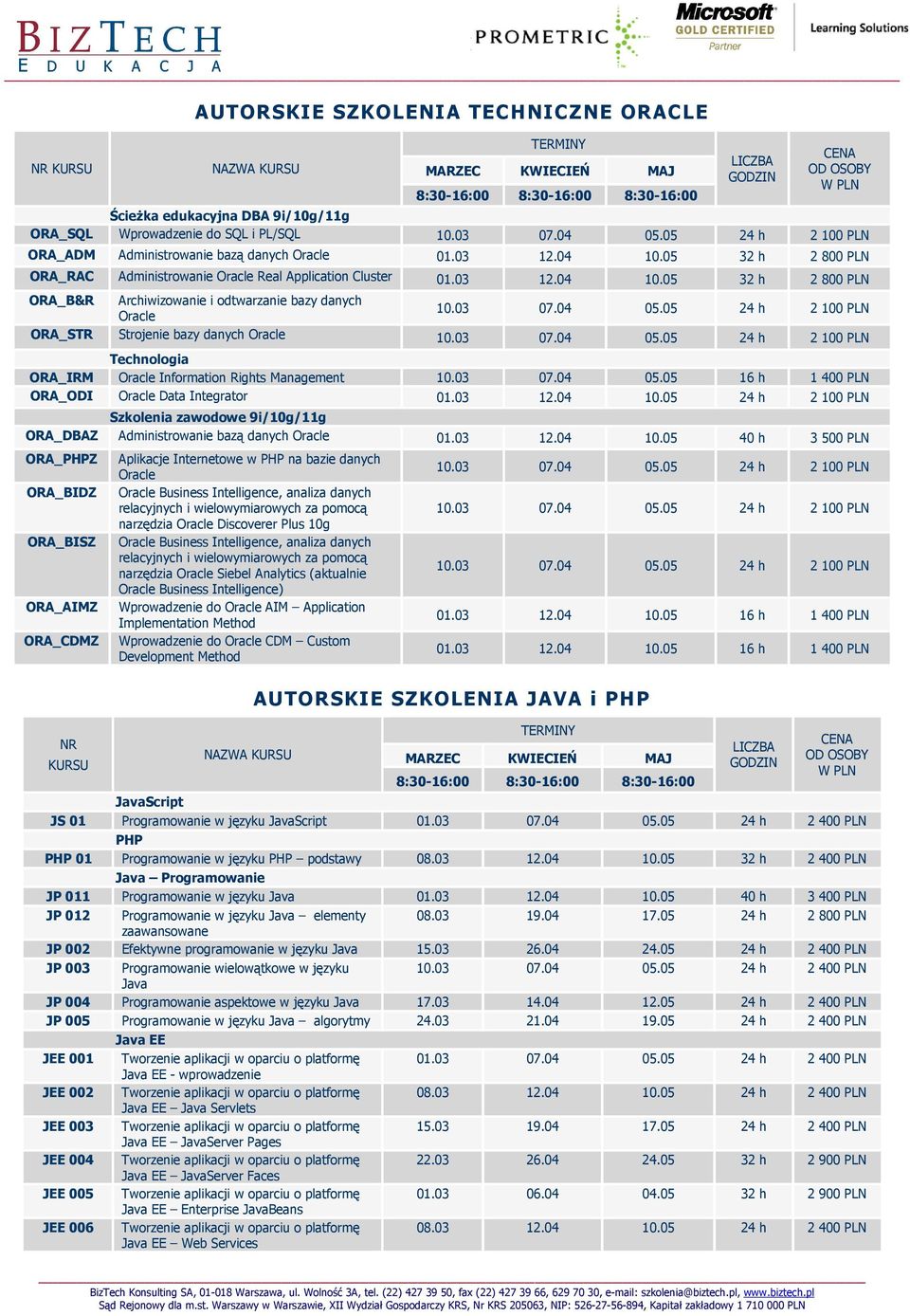 03 07.04 05.05 24 h 2 100 PLN Oracle ORA_STR Strojenie bazy danych Oracle 10.03 07.04 05.05 24 h 2 100 PLN Technologia ORA_IRM Oracle Information Rights Management 10.03 07.04 05.05 16 h 1 400 PLN ORA_ODI Oracle Data Integrator 01.