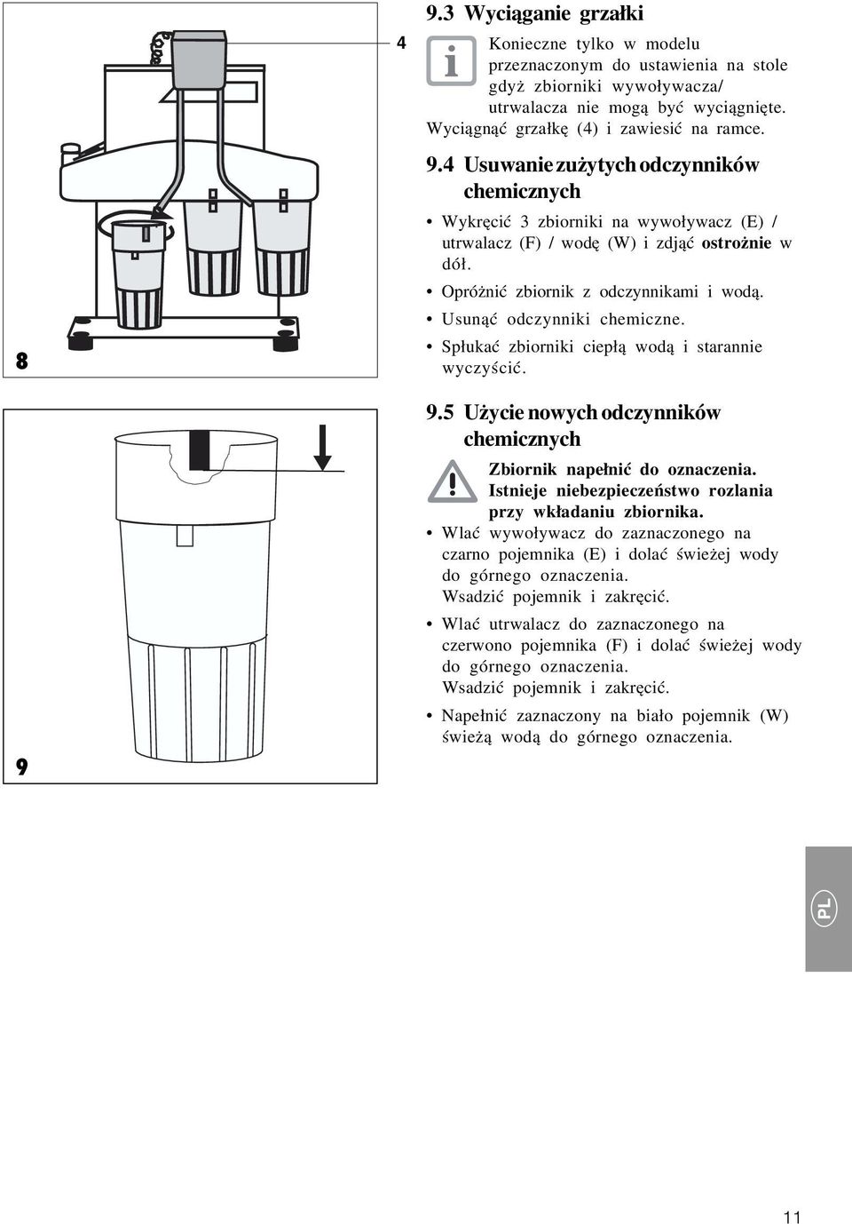 Usunąć odczynniki chemiczne. Spłukać zbiorniki ciepłą wodą i starannie wyczyścić. 9.5 Użycie nowych odczynników chemicznych Zbiornik napełnić do oznaczenia.