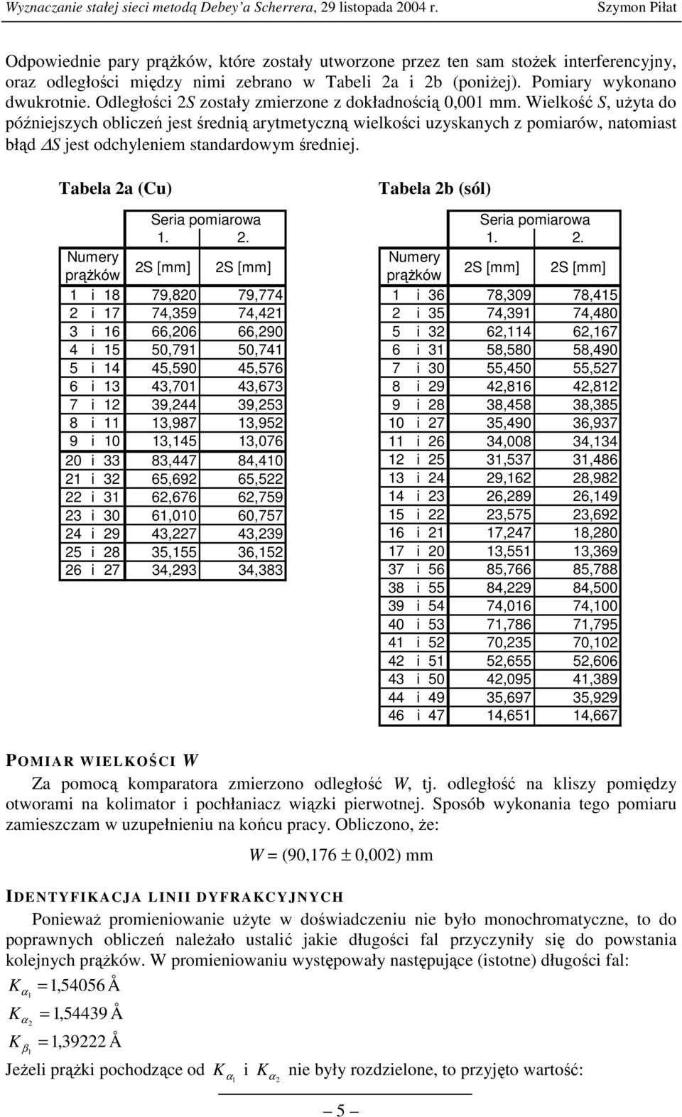 Odległości S zostały zmierzone z dokładnością 0,001 mm.