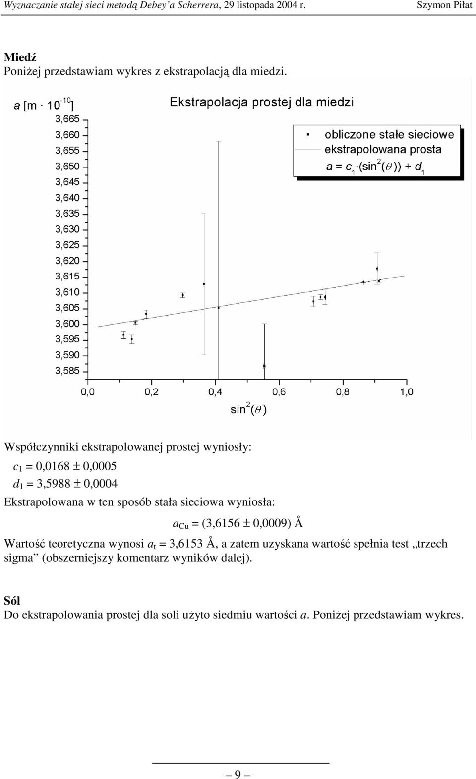 sieciowa wyniosła: a Cu = (3,6156 ± 0,0009) Å Wartość teoretyczna wynosi a t = 3,6153 Å, a zatem uzyskana wartość spełnia test trzech