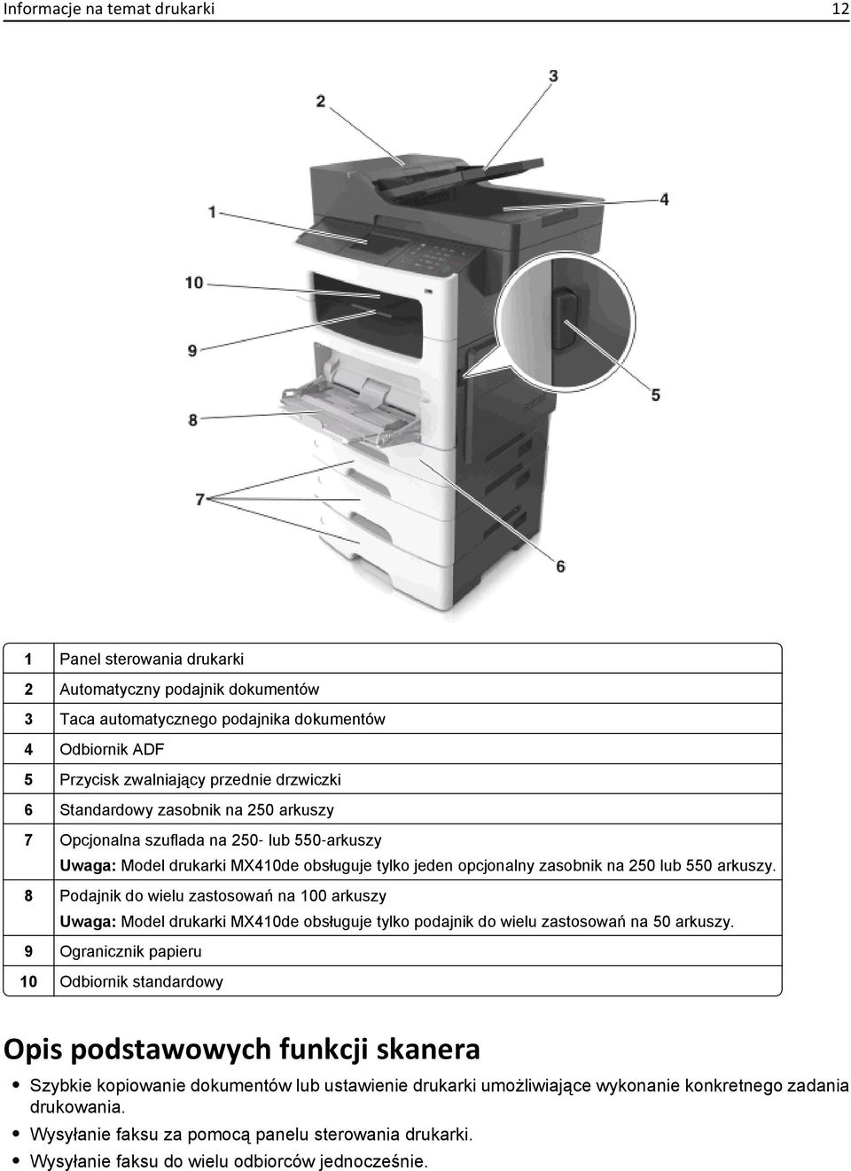 8 Podajnik do wielu zastosowań na 100 arkuszy Uwaga: Model drukarki MX410de obsługuje tylko podajnik do wielu zastosowań na 50 arkuszy.