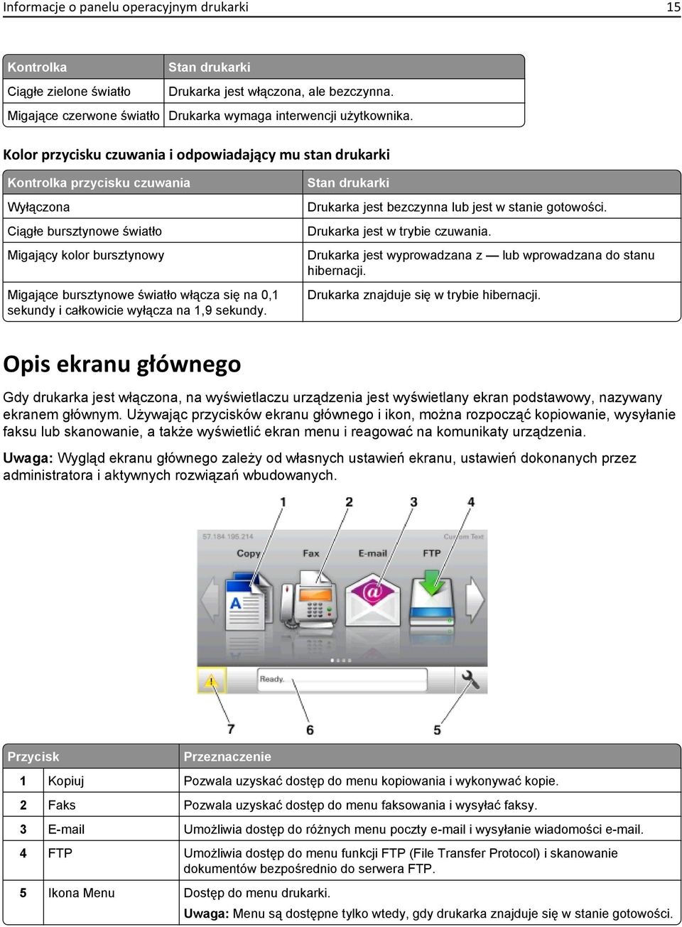 sekundy i całkowicie wyłącza na 1,9 sekundy. Stan drukarki Drukarka jest bezczynna lub jest w stanie gotowości. Drukarka jest w trybie czuwania.