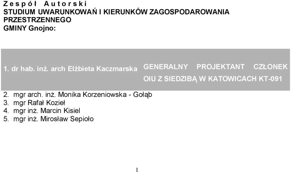 arch Elżbieta Kaczmarska GENERALNY PROJEKTANT CZŁONEK 2. mgr arch. inż.