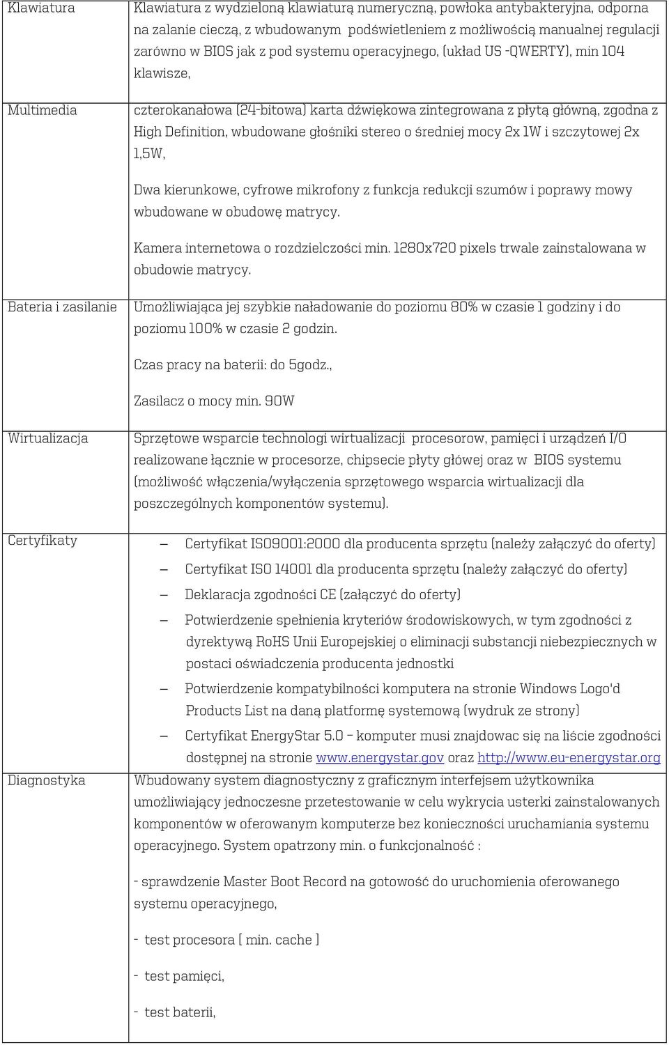średniej mocy 2x 1W i szczytowej 2x 1,5W, Dwa kierunkowe, cyfrowe mikrofony z funkcja redukcji szumów i poprawy mowy wbudowane w obudowę matrycy. Kamera internetowa o rozdzielczości min.