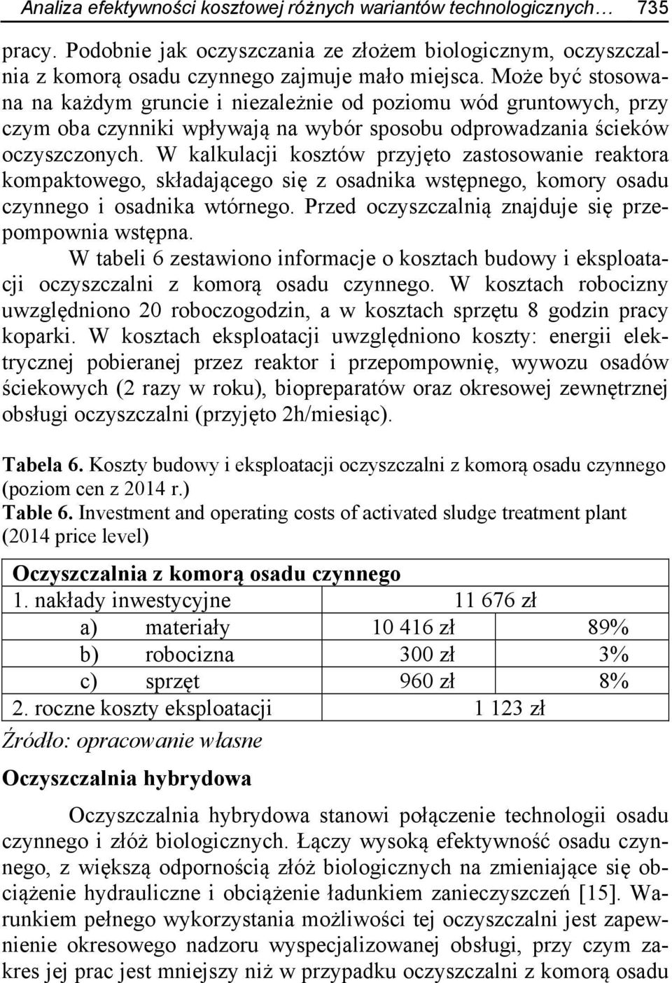 W kalkulacji kosztów przyjęto zastosowanie reaktora kompaktowego, składającego się z osadnika wstępnego, komory osadu czynnego i osadnika wtórnego.