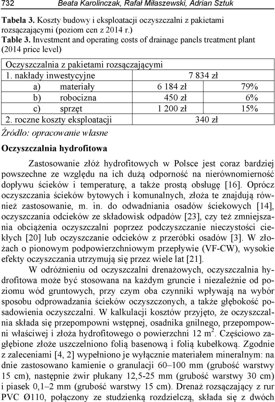 nakłady inwestycyjne 7 834 zł a) materiały 6 184 zł 79% b) robocizna 450 zł 6% c) sprzęt 1 200 zł 15% 2.