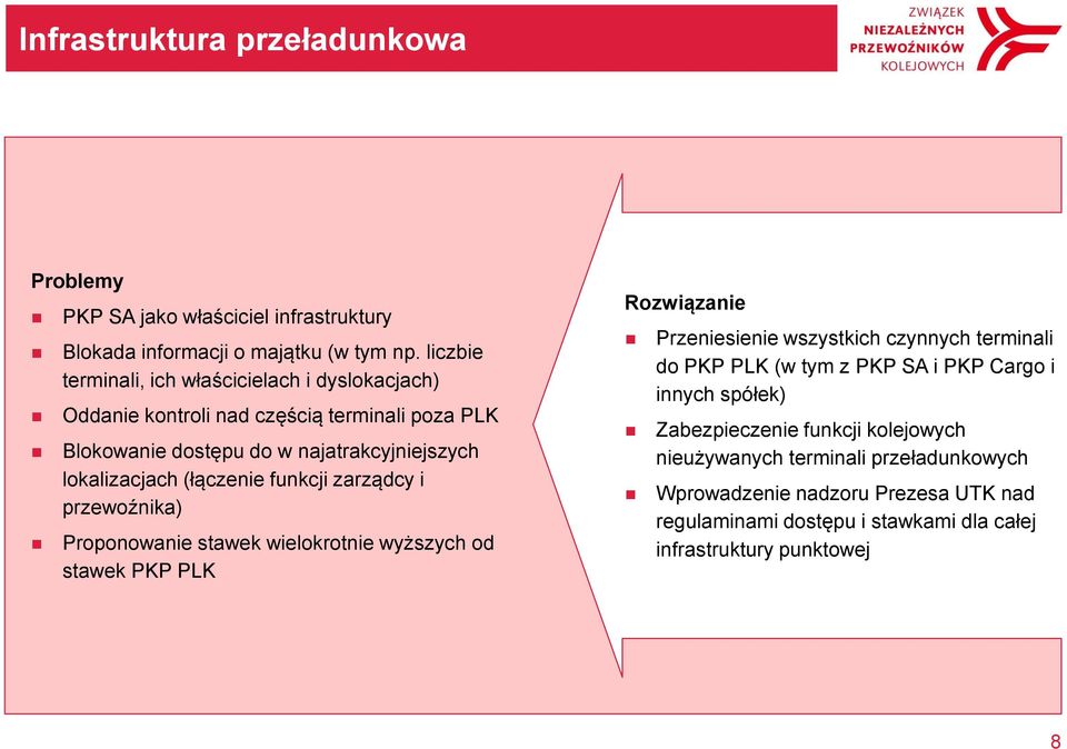 (łączenie funkcji zarządcy i przewoźnika) Proponowanie stawek wielokrotnie wyższych od stawek PKP PLK Rozwiązanie Przeniesienie wszystkich czynnych terminali do PKP