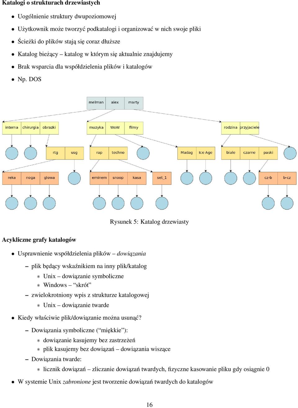 DOS Rysunek 5: Katalog drzewiasty Acykliczne grafy katalogów Usprawnienie współdzielenia plików dowiazania plik będący wskaźnikiem na inny plik/katalog Unix dowiązanie symboliczne Windows skrót