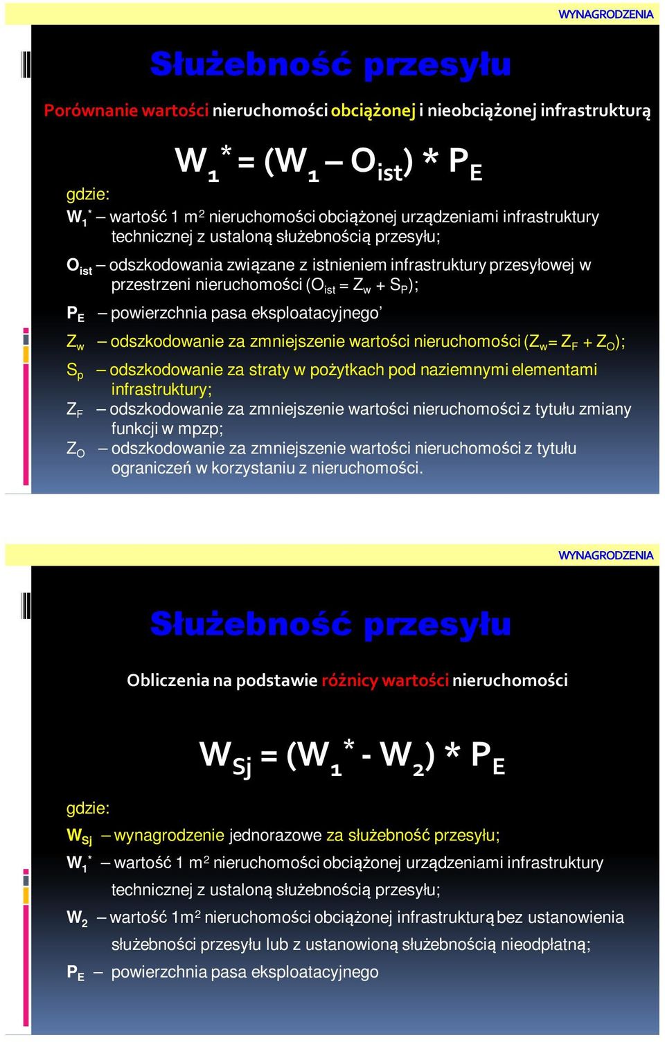 za zmniejszenie wartości nieruchomości (Z w = Z F + Z O ); S p Z F Z O W 1 * = (W 1 O ist ) * P E odszkodowanie za straty w pożytkach pod naziemnymi elementami infrastruktury; odszkodowanie za