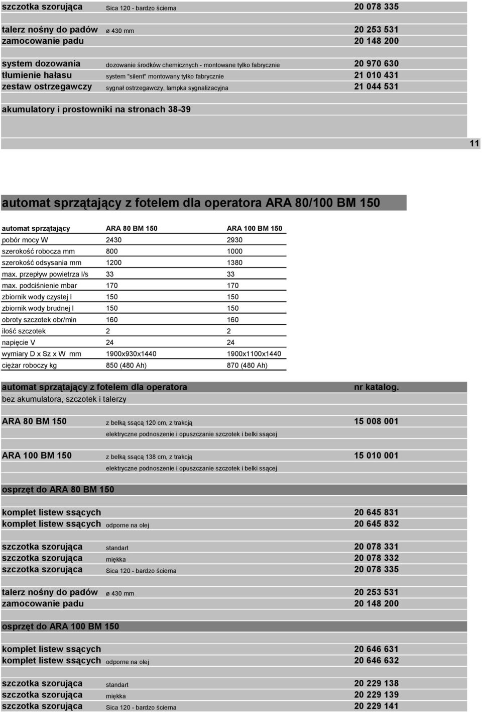 automat sprzątający z fotelem dla operatora ARA 80/100 BM 150 automat sprzątający ARA 80 BM 150 ARA 100 BM 150 2430 2930 szerokość robocza mm 800 1000 szerokość odsysania mm 00 1380 max.