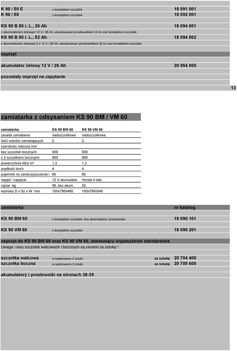 , 52 Ah 18 094 002 z akumulatorem żelowym 2 x V / 26 Ah, wbudowanym prostownikiem (8 A) oraz kompletem szczotek osprzęt akumulator żelowy V / 26 Ah 20 954 000 pozostały osprzęt na zapytanie 13